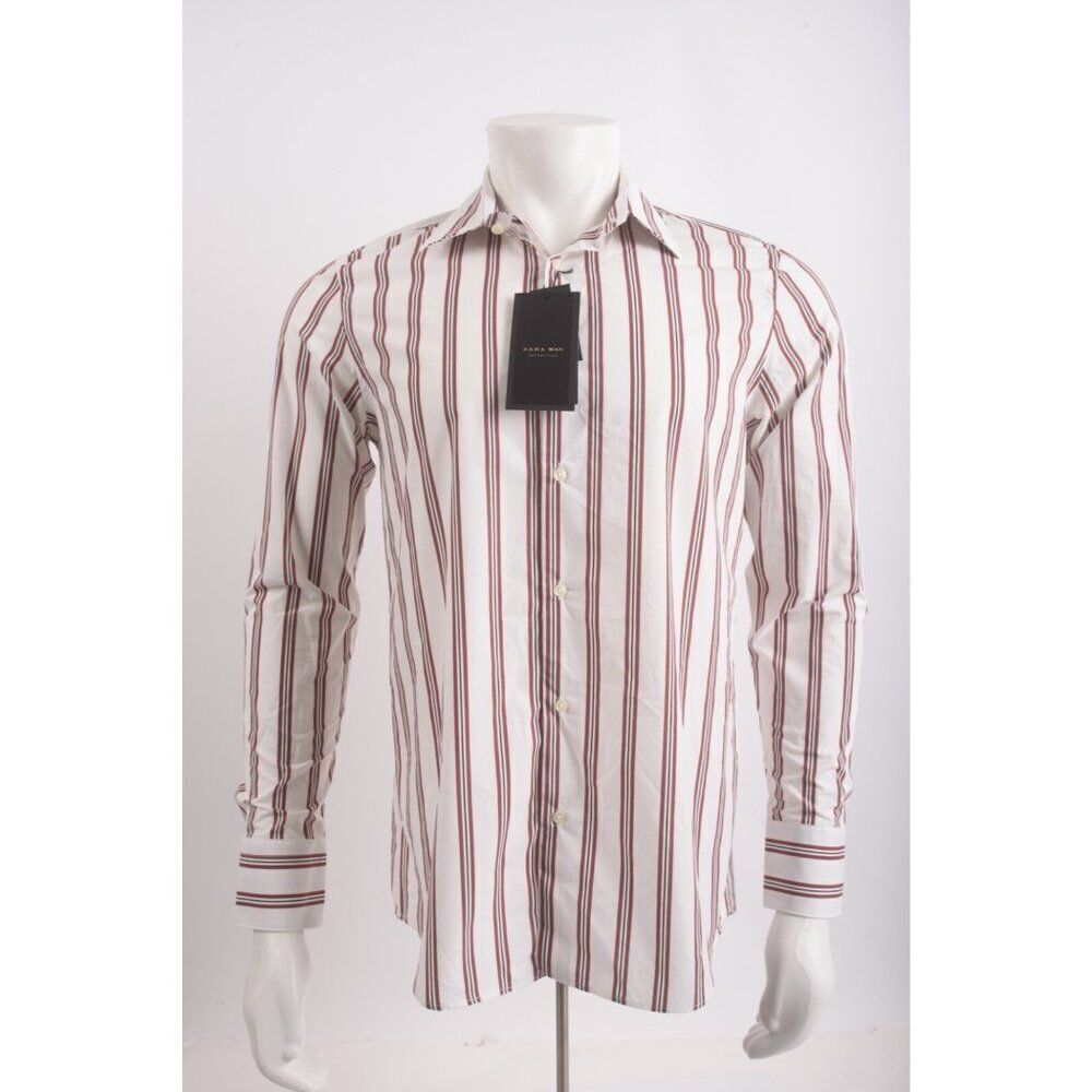 Zara Man Mens Dress Shirt Size L Burgundy Red white Striped Cotton 4120/410 NWT